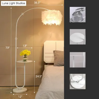 Simplicity White Drum Floor Lamp with Feather Accent, Tray, and Arc Arm