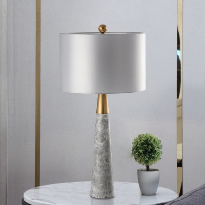Sleek Conical Table Lamp with Marble Base - Elegant Grey Nightstand Light with Drum Fabric Shade