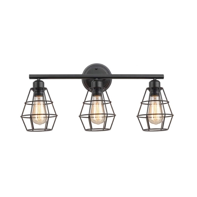 Industrial 3-Light Black Wall Sconce with Metal Cage Shade for Bathroom