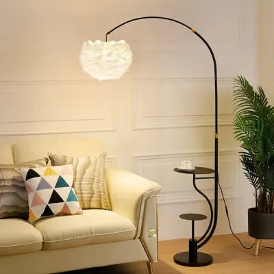 Modern Hemisphere Floor Lamp with Feather Shade and Tray – Stylish Living Room Lighting