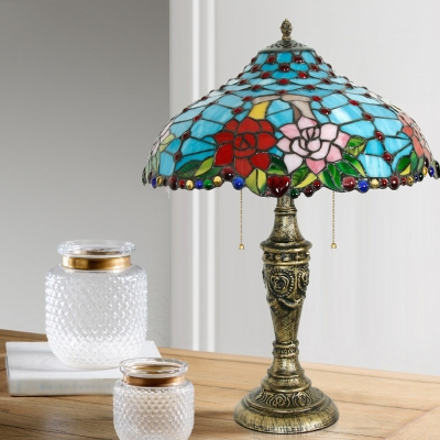 Tiffany Stained Glass Blue Table Lamp with Pull Chain - Rose Pattern, 3 Heads, Nightstand Lighting