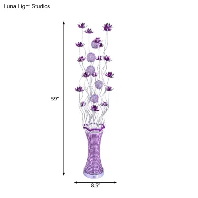 Purple LED Floral Floor Lamp with Elegant Twig Design, Aluminum Vase-Shaped Decorative Standing Light