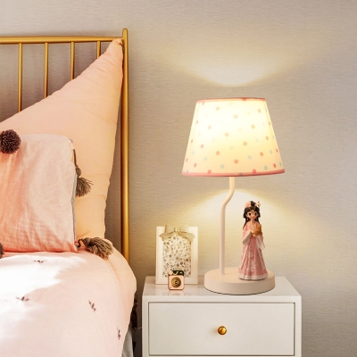 Cartoon 1-Light Fabric Bucket Shade Table Lamp: White Nightstand Lighting with Figurine Decor