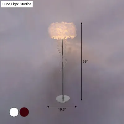 Modern Drum Standing Lamp Feather 1-Light Floor Light in Red/White with Crystal Spiral Drape - Stylishly Enhance Your Living Room
