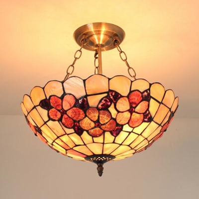 Scalloped Shade Semi Flush Stained Glass Ceiling Light Retro Style, 12