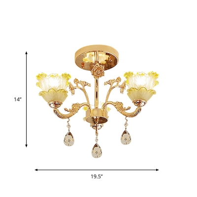 Classic Gold Lotus Crystal 3-Light Semi Flush Mount for Dining Room Ceiling Lighting