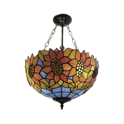 Sunflower Stained Glass Ceiling Light - Rustic Tiffany Style in Orange - 12