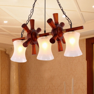 Classic Cream Crackle Glass 3-Light Brown Pendant Light Kit for Dining Room Island with Flared Design and Wood Rudder Deco