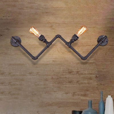 Farmhouse Iron Wall Sconce with Pipe Design - Black, 2-Bulb W-Shaped Wall Lamp Fixture