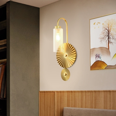 Mid Century Brass Gooseneck Wall Lamp with Glass Shade - Iron Sconce Lighting