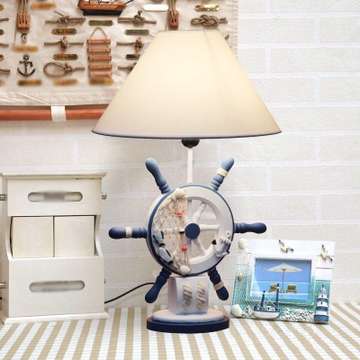 Lampe de table en bois pour enfants – Bouée de sauvetage/gouvernail, lampe de chevet bleue à 5 lumières avec abat-jour conique en tissu