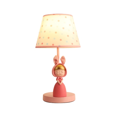 Kids' Pink Fabric Drum Table Lamp with Resin Figurine - Tapered Design for Bedroom Nightstand