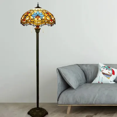 Tiffany Style Stained Glass Floor Lamp with Brass Finish and Pull Chain - Scalloped Dome Design, 2 Lights