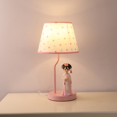 Cartoon 1-Light Fabric Bucket Shade Table Lamp: White Nightstand Lighting with Figurine Decor