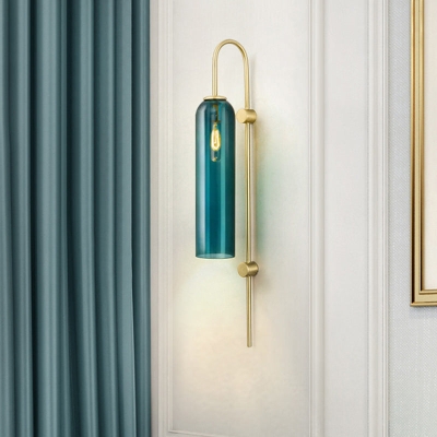 Mid Century Gooseneck Wall Sconce, Brass Finish with Blue Glass Shade