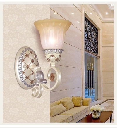 French Country Blossom Wall Sconce - Opaline Glass Lighting with Swirl Arm in Gold