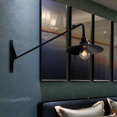 Metallic Wide Flared Wall Lamp: Antiqued 1 Light Coffee Shop Lighting in Black with Long Arm