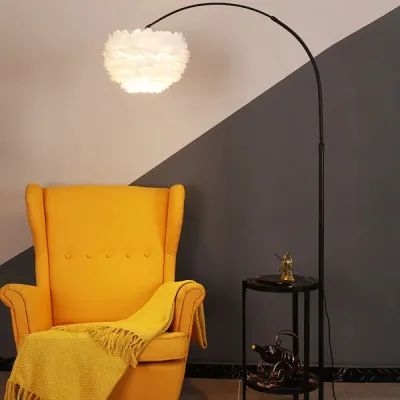 Modern Metallic Arc Arm Standing Light with Feather Shade and 2-Tier Shelf - 1-Light Floor Lighting for Living Room