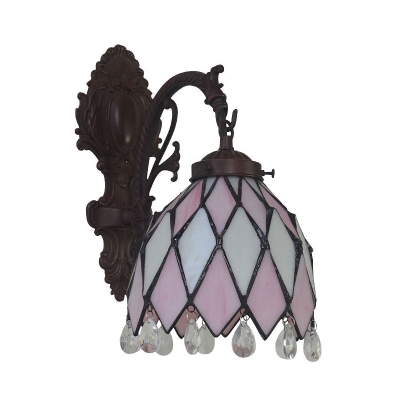 Tiffany Bronze Lattice Bowl Wall Lamp with Stained Glass Sconce and Crystal Accent