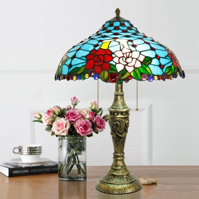 Tiffany Stained Glass Blue Table Lamp with Pull Chain - Rose Pattern, 3 Heads, Nightstand Lighting