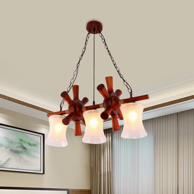 Classic Cream Crackle Glass 3-Light Brown Pendant Light Kit for Dining Room Island with Flared Design and Wood Rudder Deco