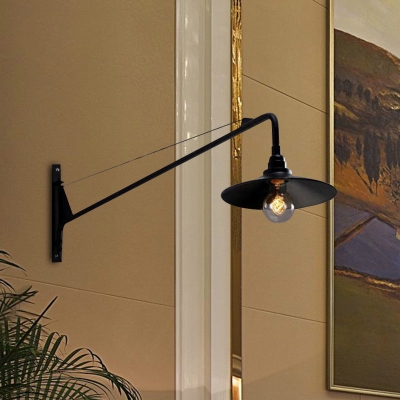 Metallic Wide Flared Wall Lamp: Antiqued 1 Light Coffee Shop Lighting in Black with Long Arm