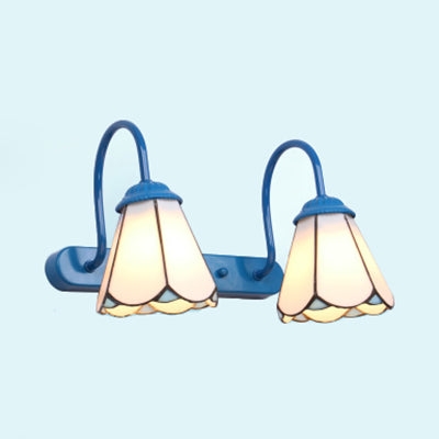 Tiffany Conical Vanity Lighting Fixture 2 Heads White/Blue Glass Wall Mounted Light for Bathroom