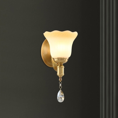 Retro Style 1/2-Head Gold Wall Lamp with Crystal Drop - Blossom Opaque Glass Wall Lighting