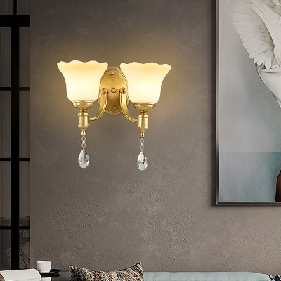 Retro Style 1/2-Head Gold Wall Lamp with Crystal Drop - Blossom Opaque Glass Wall Lighting