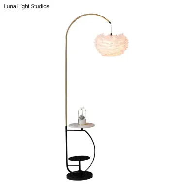 Nordic Metal Fishing Rod Standing Floor Lamp with 2-Tier Tray and Feather Shade