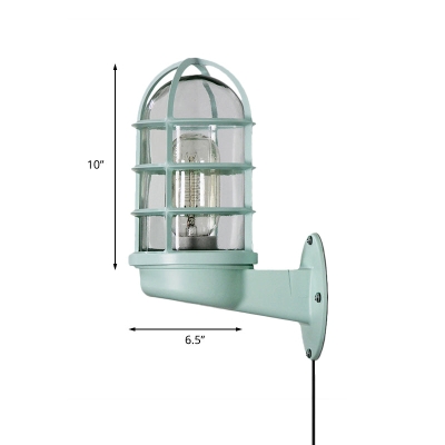 Green Clear Glass Industrial Bathroom Sconce Lighting: Wall-Mounted Plug-In Corded Fixture with Caged Shade