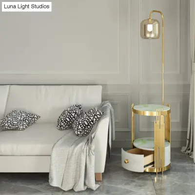 Modern Glass Cylinder Floor Lamp with Table, Drawer and Gooseneck Design