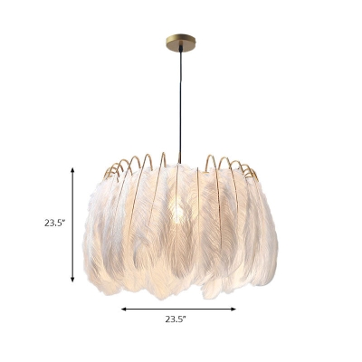 Feather & Metal Drum Pendant Light in White for Adult Bedroom - Romantic Suspension Lighting