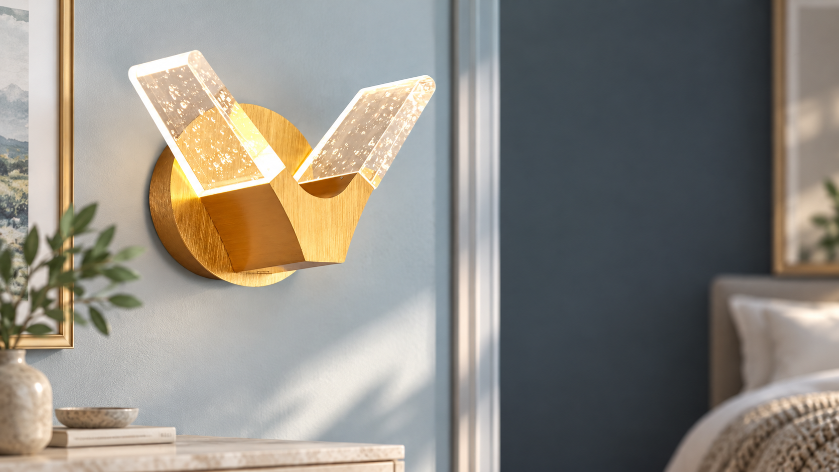 Gold Wings wall light with two clear illuminated wings and a round gold-coloured backplate