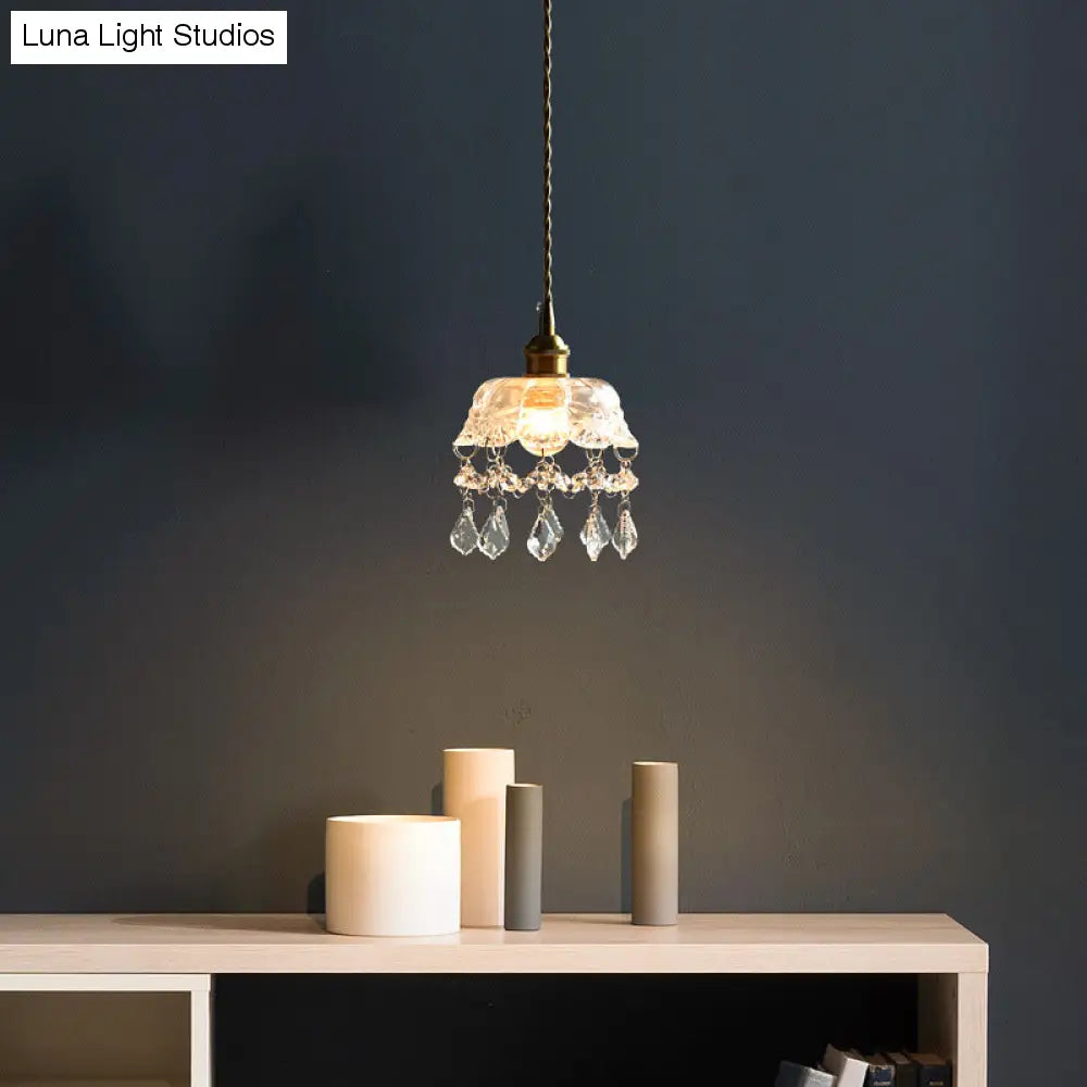 Lampa wisząca z przezroczystego szkła w kształcie kwiatu w stylu vintage z kryształkami w kształcie łezki