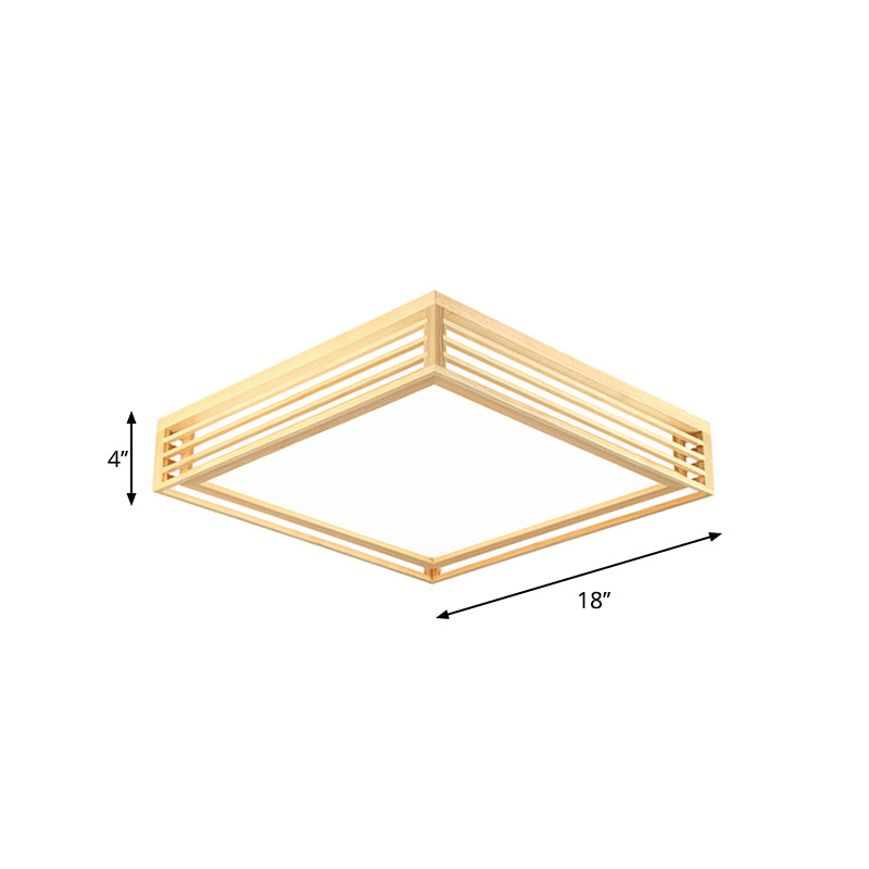 Square Acrylic Flush Ceiling Light - Asian Beige LED Fixture in Warm/White Light with Wood Frame, 14