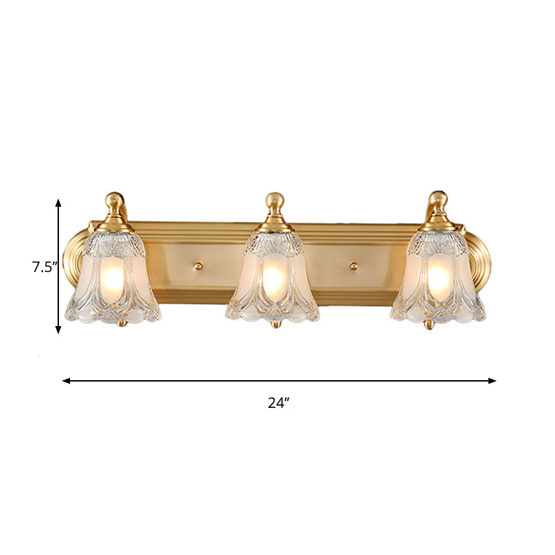 Aplique de tocador estilo vintage con pantalla de vidrio transparente, iluminación de pared dorada para baño - 2/3 opciones de bombilla - 18 pulgadas/24 pulgadas de ancho