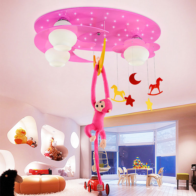 Decorative Metal Moon & Star Ceiling Light for Child's Bedroom with Hanging Monkey
