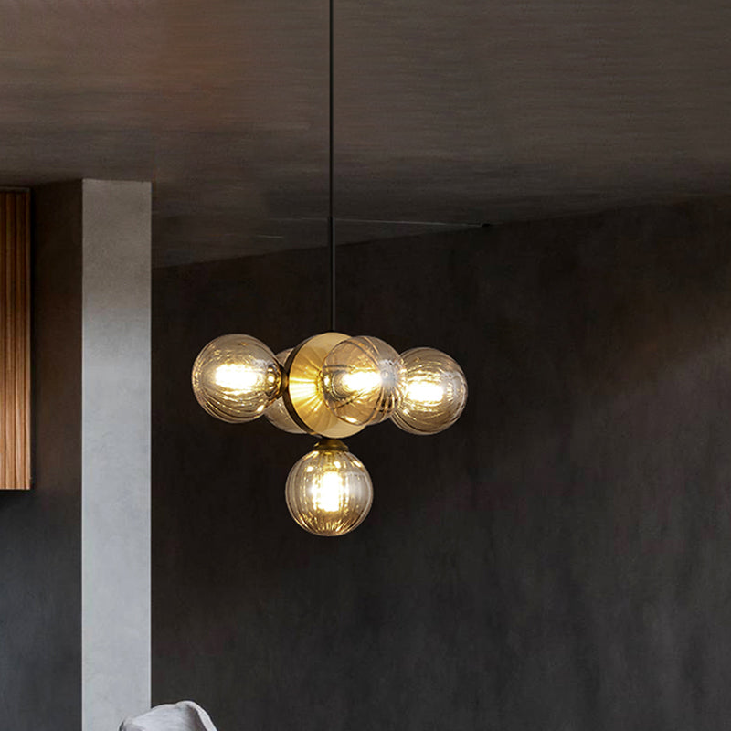 Mid Century 5-Light Restaurant Chandelier Pendant with White/Amber Glass - Elegant Burst Design