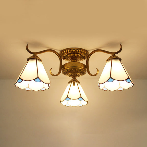 Stained Glass Vintage Ceiling Light - 3-Light Semi Flushmount in Beige/Yellow/Purple/Clear/Blue-Pink/Blue-White/Green-White - Perfect for Bedroom