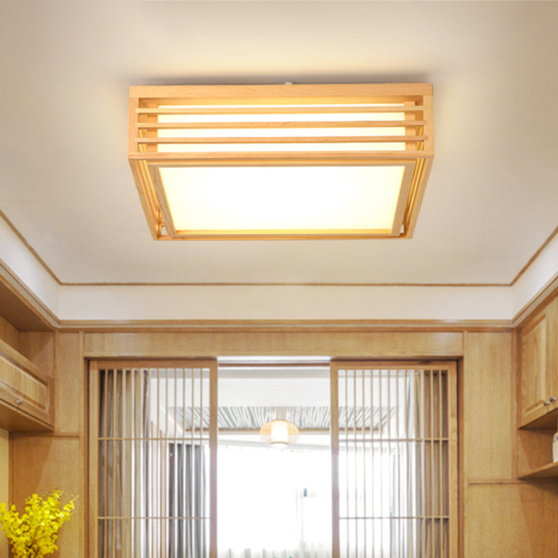 Square Acrylic Flush Ceiling Light - Asian Beige LED Fixture in Warm/White Light with Wood Frame, 14