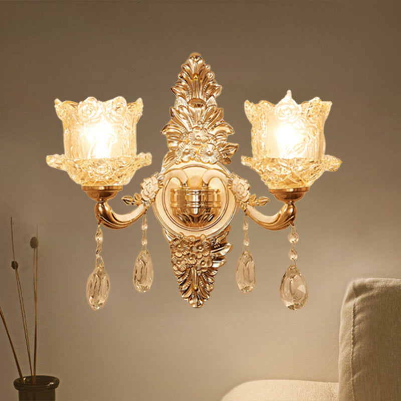 Illuminazione per applique ad angolo con fiore in cristallo trasparente di metà secolo - Lampada da parete dorata