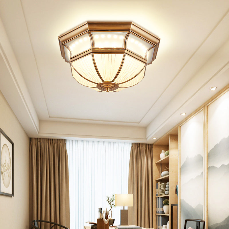 Colonial Flush Mount LED Ceiling Light with Opal Glass in Brass - 14