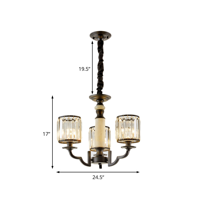 Mid Century Crystal Cylinder Chandelier: Black Hanging Light Kit with Adjustable Rope & 3/6 Bulbs