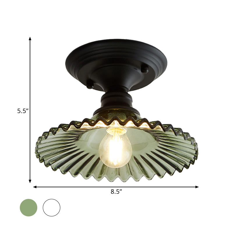 Semi-affleurant industriel festonné – Luminaire à une lumière en verre nervuré transparent/vert pour les espaces intérieurs