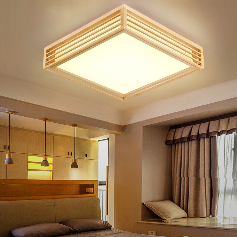 Square Acrylic Flush Ceiling Light - Asian Beige LED Fixture in Warm/White Light with Wood Frame, 14