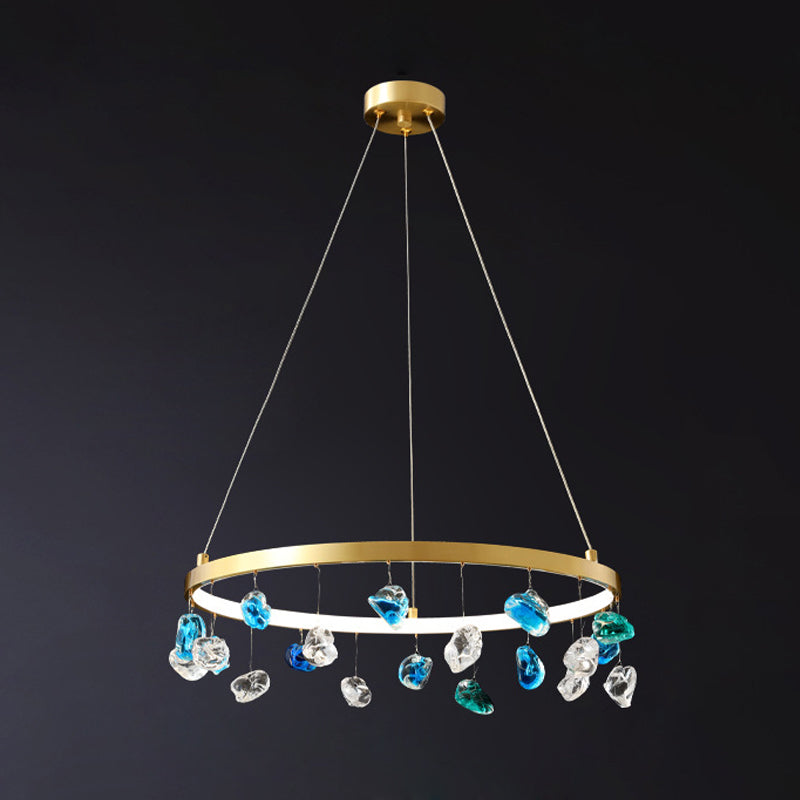 Gold LED Chandelier with Colored Gem Droplet - Mid Century Circle Pendant Lighting, 16