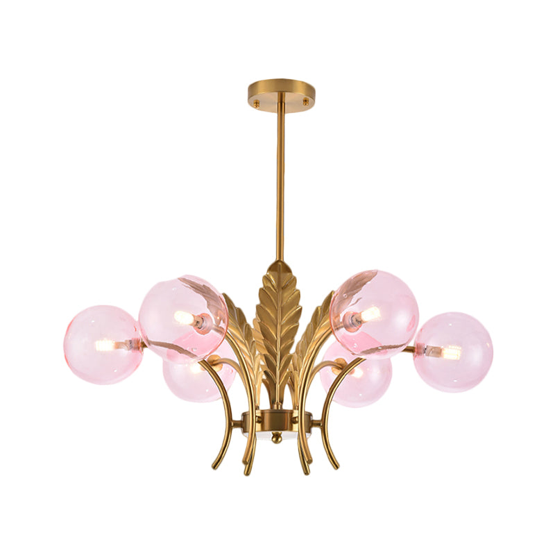 Lampadario a sfera a soffitto Simplicity in vetro bianco/rosa/cognac a 6 luci per soggiorno, lampadario a sospensione a LED con decorazioni a foglie