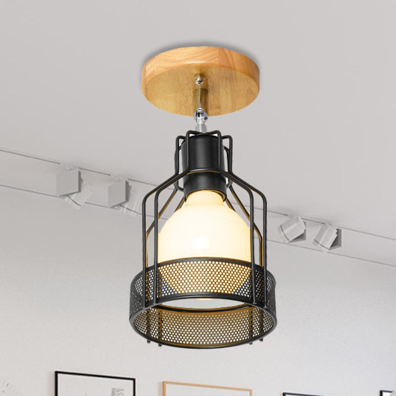 Industrial Loft Ceiling Fixture with Wire Cage and Rotatable Bulb - Black Metallic Semi-Flush Mount for 4