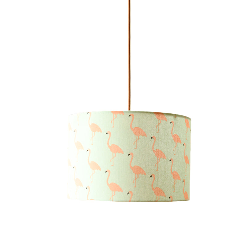 Luminaire suspendu tambour en tissu imprimé nordique – 1 lumière, éclairage à suspension blanc avec motif plume/oiseau/arbre